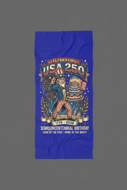 “USA 250 Semi-Quincentennial” Beach Towel – Uncle Sam Birthday Edition 36" × 72" {{ product_type }Printify }