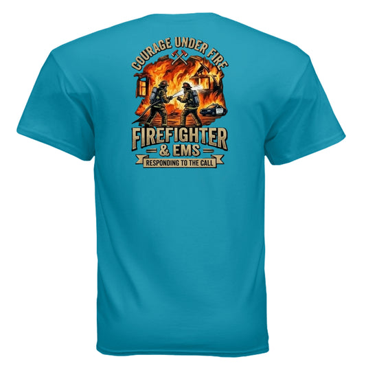 “Courage Under Fire” Firefighter Tee – Thin Red Line Front & Back Graphic Shirt {{ product_type }Anvil and Anthem }