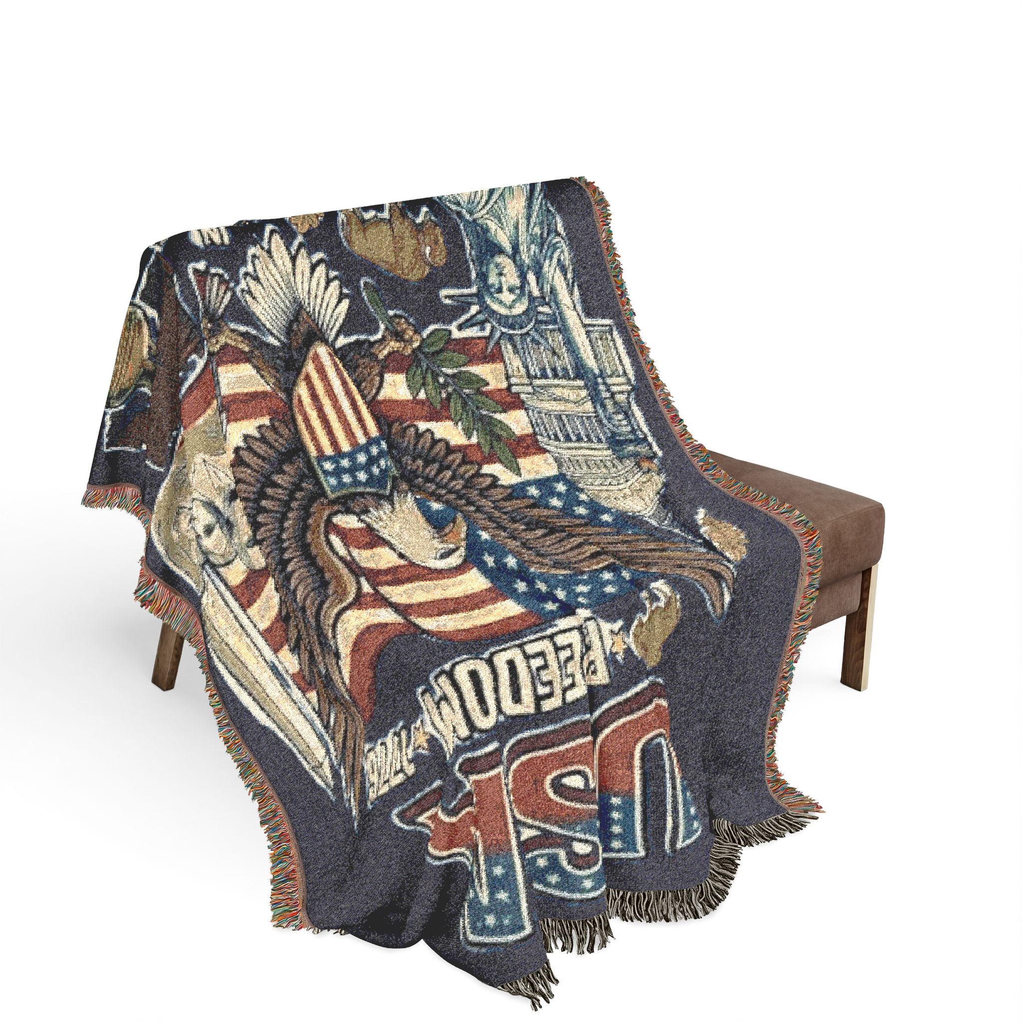 USA Freedom 1776 Heirloom Woven Blanket | Patriotic American Eagle & Landmark Throw Anvil and Anthem }