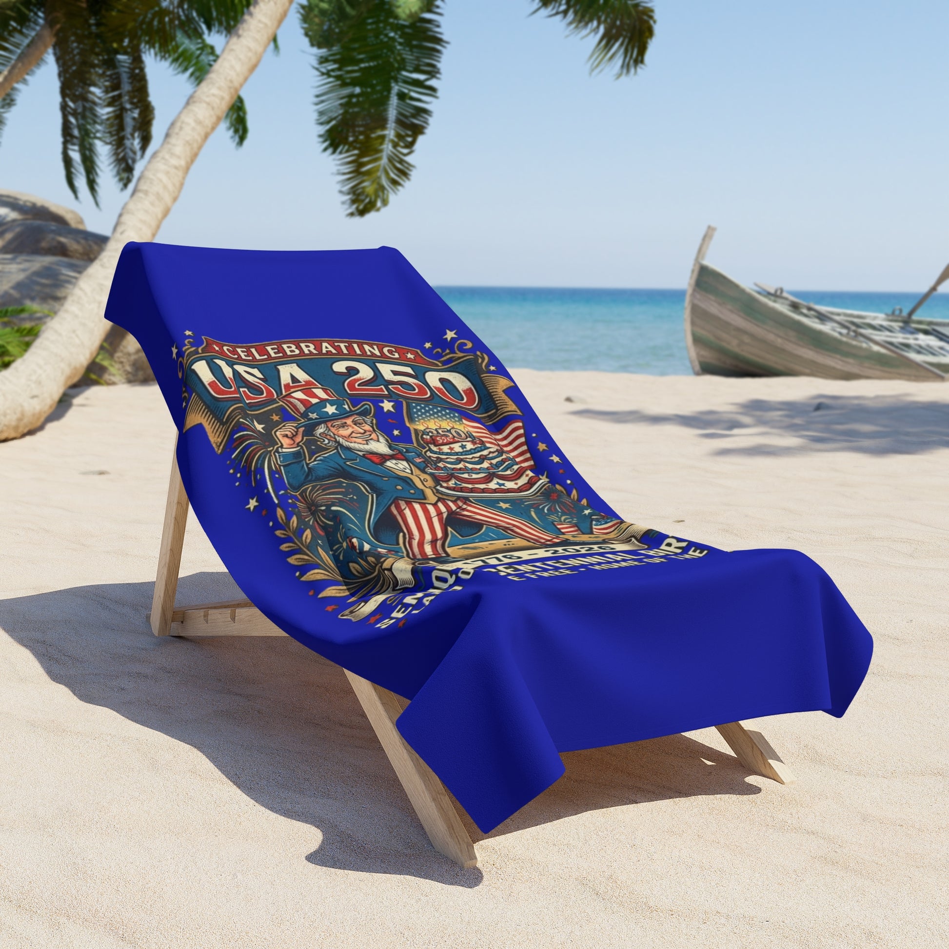 “USA 250 Semi-Quincentennial” Beach Towel – Uncle Sam Birthday Edition {{ product_type }Printify }