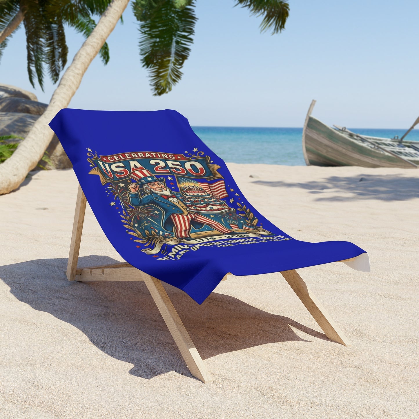“USA 250 Semi-Quincentennial” Beach Towel – Uncle Sam Birthday Edition {{ product_type }Printify }
