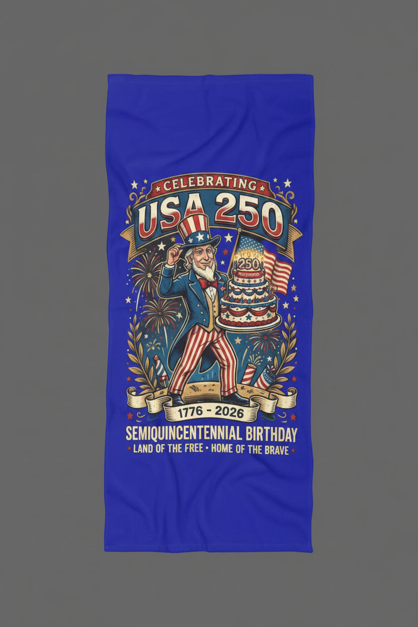 “USA 250 Semi-Quincentennial” Beach Towel – Uncle Sam Birthday Edition 30" × 60" {{ product_type }Printify }