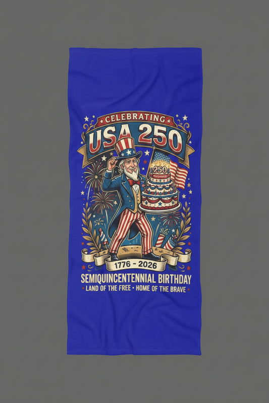 “USA 250 Semi-Quincentennial” Beach Towel – Uncle Sam Birthday Edition 30" × 60" {{ product_type }Printify }