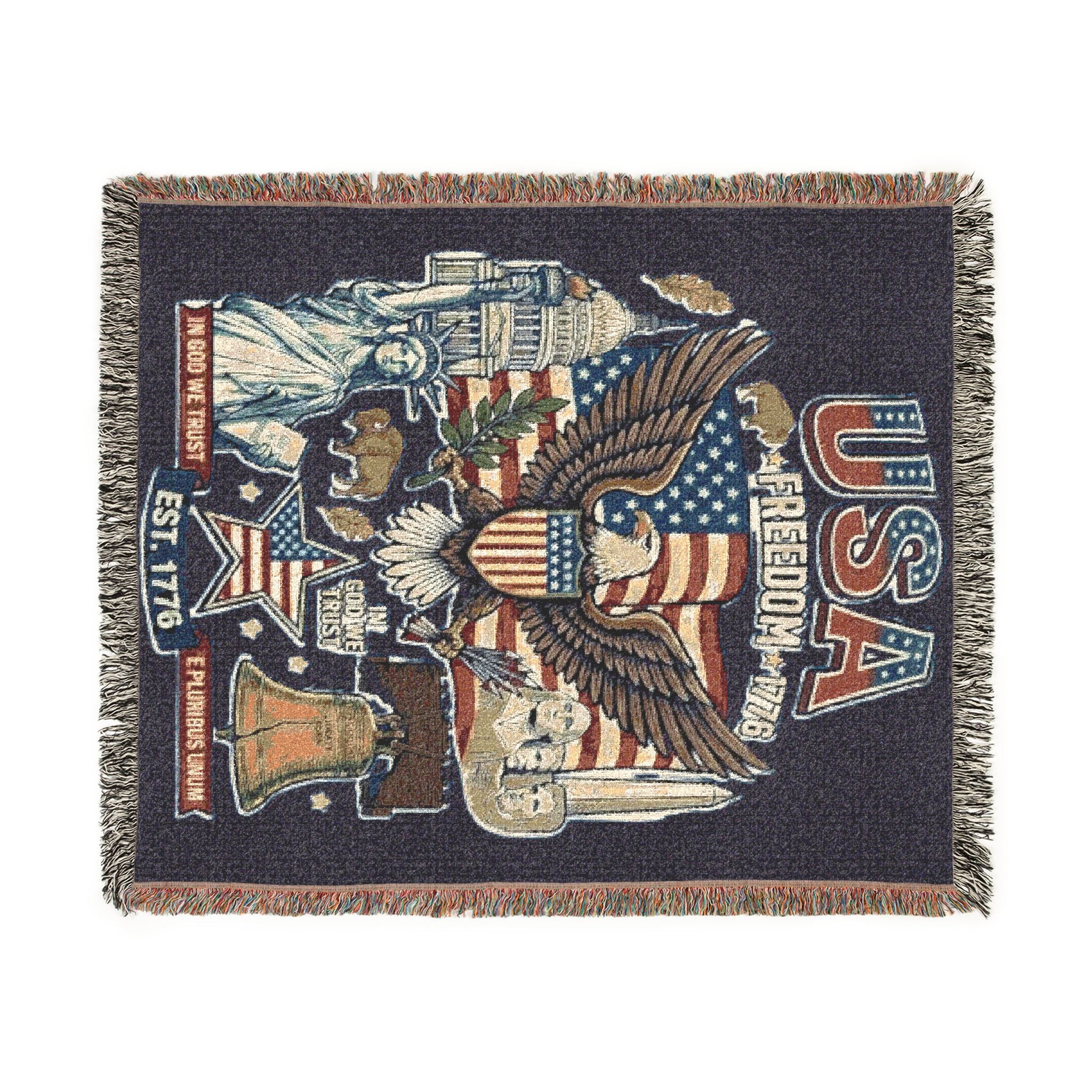 USA Freedom 1776 Heirloom Woven Blanket | Patriotic American Eagle & Landmark Throw Anvil and Anthem }
