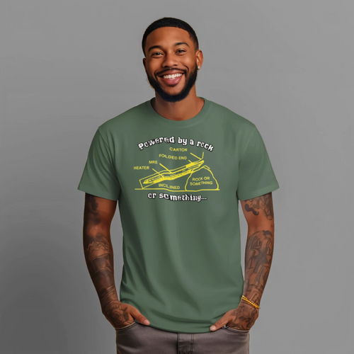 "Powered by a Rock or Something" MRE Graphic Tee – Military Humor Apparel Anvil and Anthem }