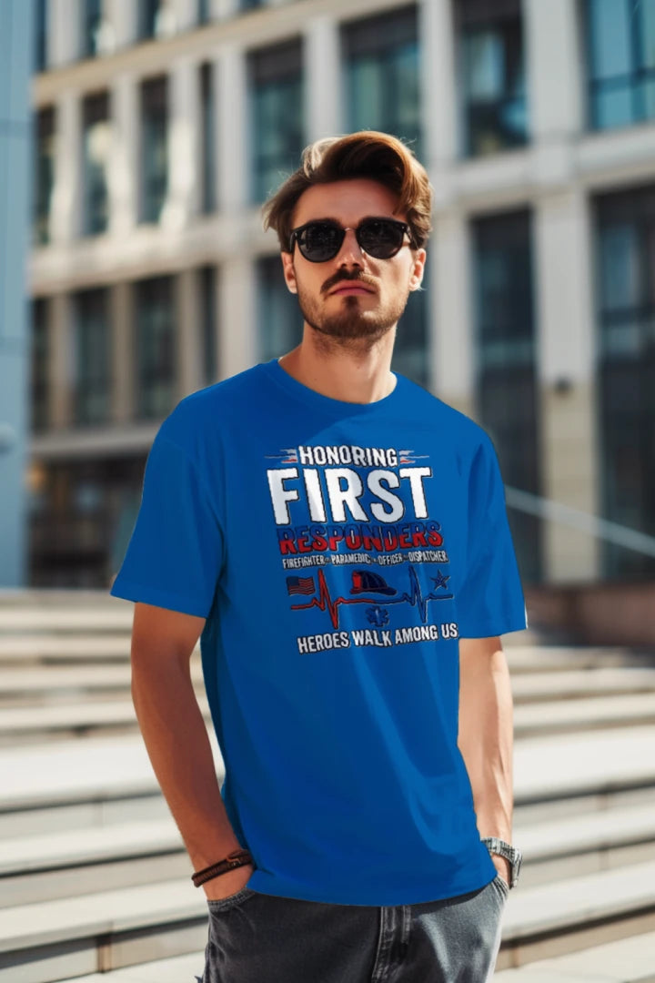 “Heroes Walk Among Us” First Responders Tee – Heartbeat of Courage Edition {{ product_type }Anvil and Anthem }