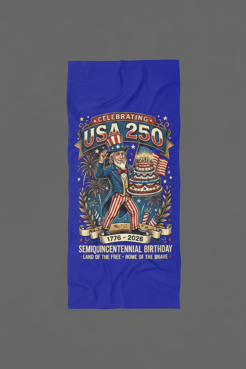 “USA 250 Semi-Quincentennial” Beach Towel – Uncle Sam Birthday Edition 36" × 72" {{ product_type }Printify }