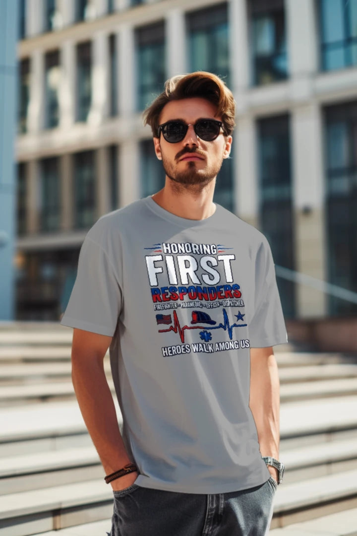 “Heroes Walk Among Us” First Responders Tee – Heartbeat of Courage Edition {{ product_type }Anvil and Anthem }