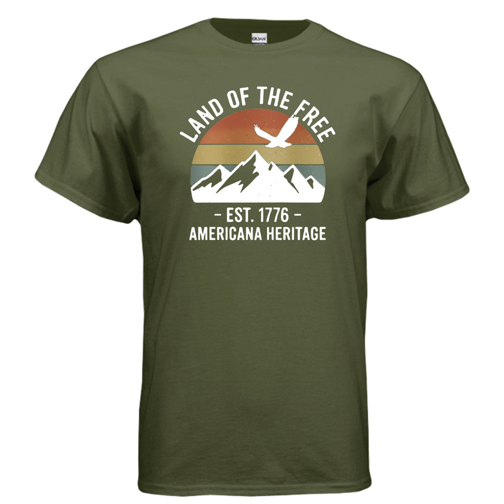 American Heritage Tee – Land of the Free Est. 1776 Patriotic Mountain Shirt Anvil and Anthem }