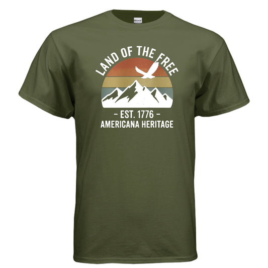 American Heritage Tee – Land of the Free Est. 1776 Patriotic Mountain Shirt MILITARY GREEN {{ product_type }Anvil and Anthem }