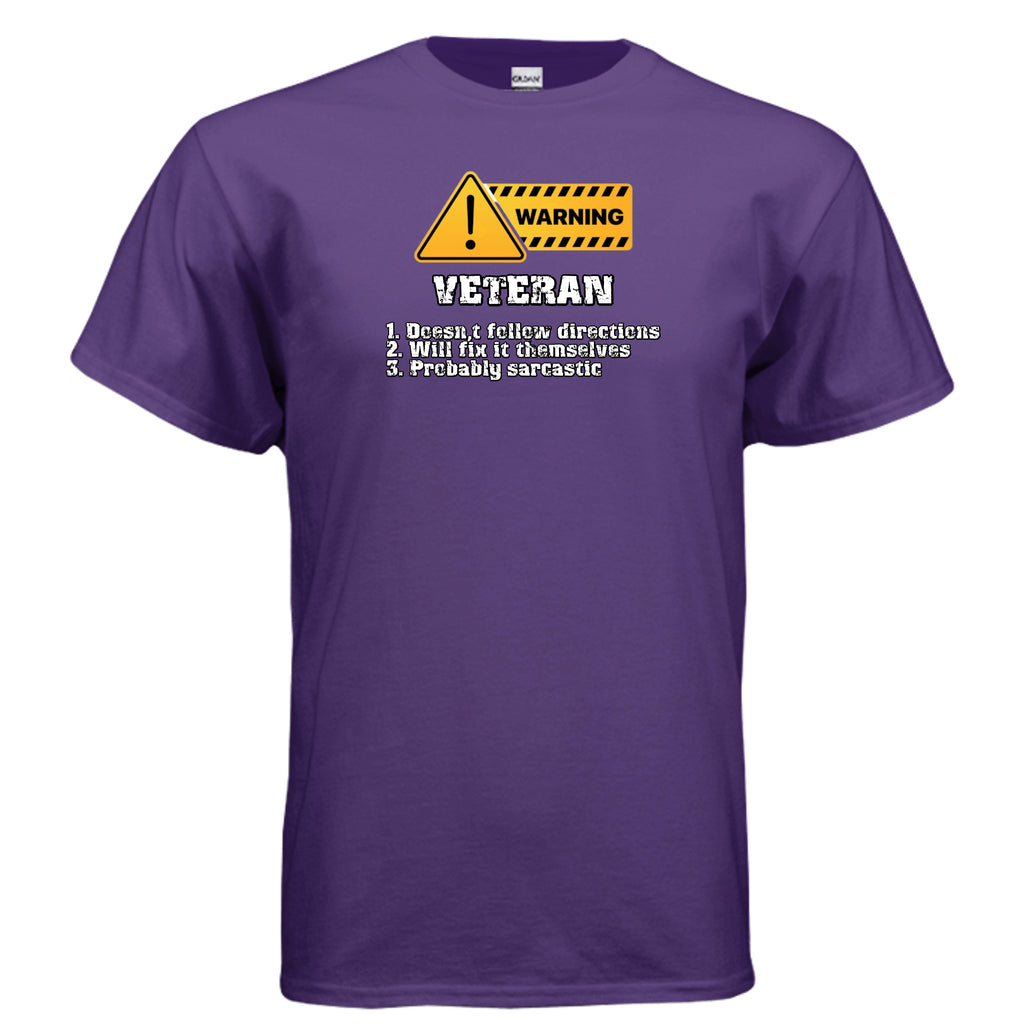 Veteran Made Tee – Warning Sign “Doesn’t Follow Directions” Humor Shirt Anvil and Anthem }