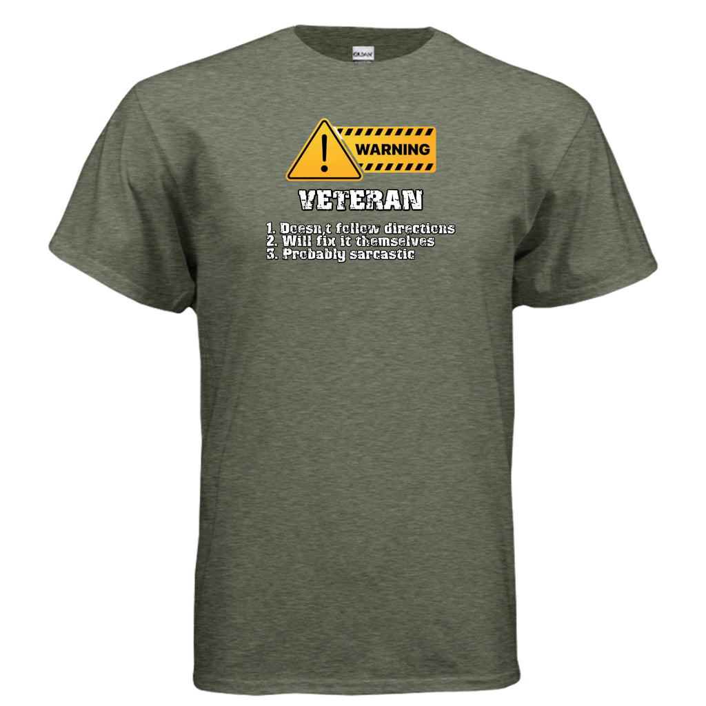 Veteran Made Tee – Warning Sign “Doesn’t Follow Directions” Humor Shirt Anvil and Anthem }