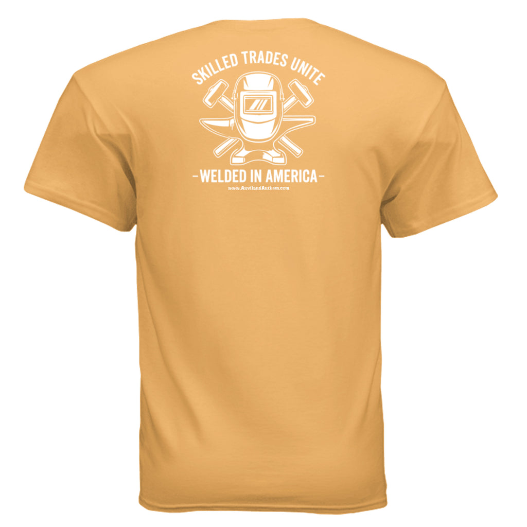Welded in America Blue Collar Tee – Skilled Trades Unite Workwear Shirt Anvil and Anthem }