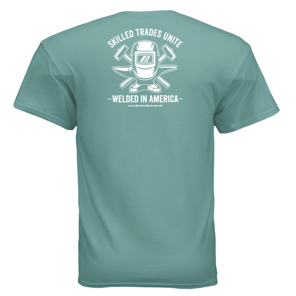 Welded in America Blue Collar Tee – Skilled Trades Unite Workwear Shirt Anvil and Anthem }