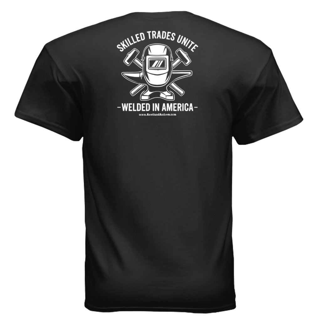 Welded in America Blue Collar Tee – Skilled Trades Unite Workwear Shirt Anvil and Anthem }