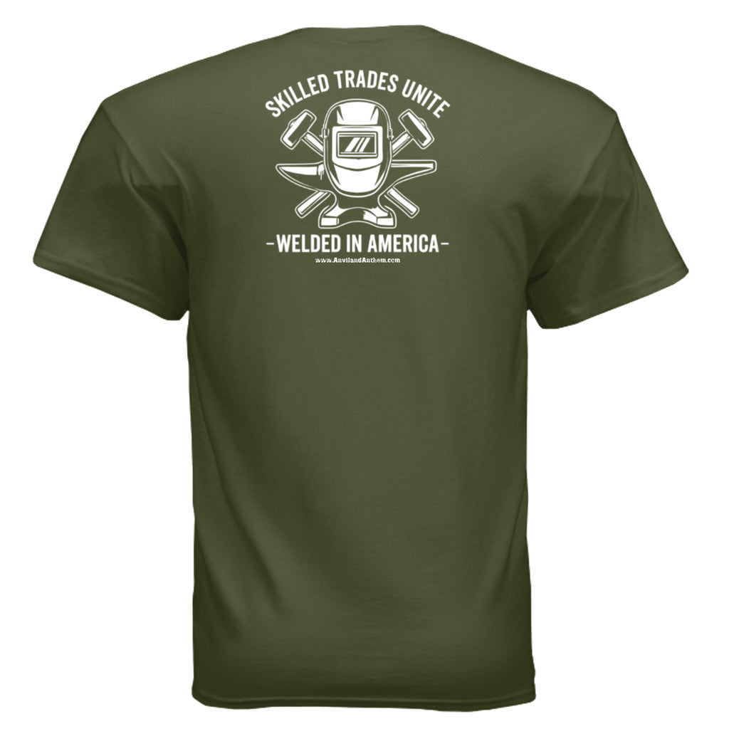 Welded in America Blue Collar Tee – Skilled Trades Unite Workwear Shirt Anvil and Anthem }