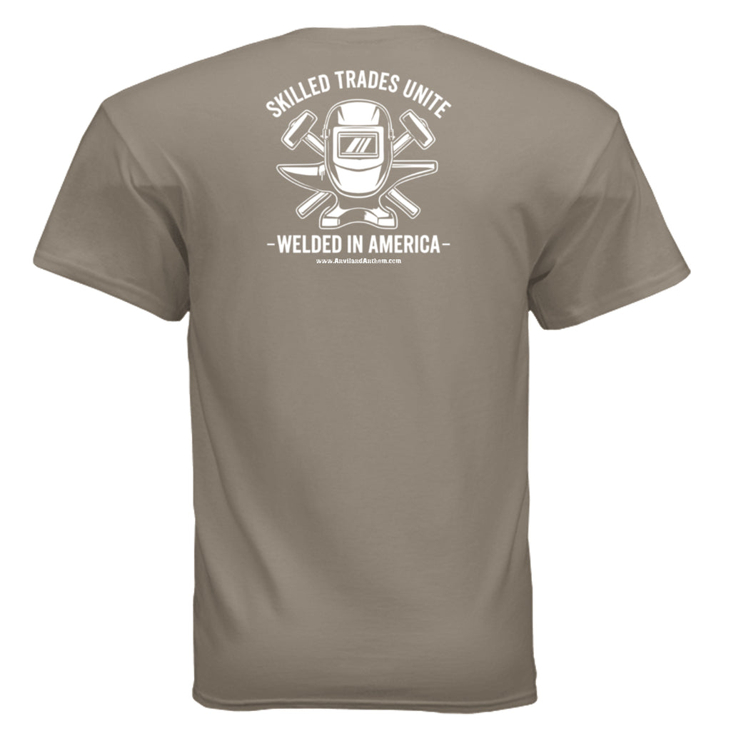 Welded in America Blue Collar Tee – Skilled Trades Unite Workwear Shirt Anvil and Anthem }