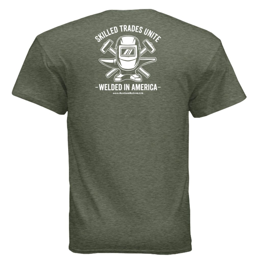 Welded in America Blue Collar Tee – Skilled Trades Unite Workwear Shirt Anvil and Anthem }