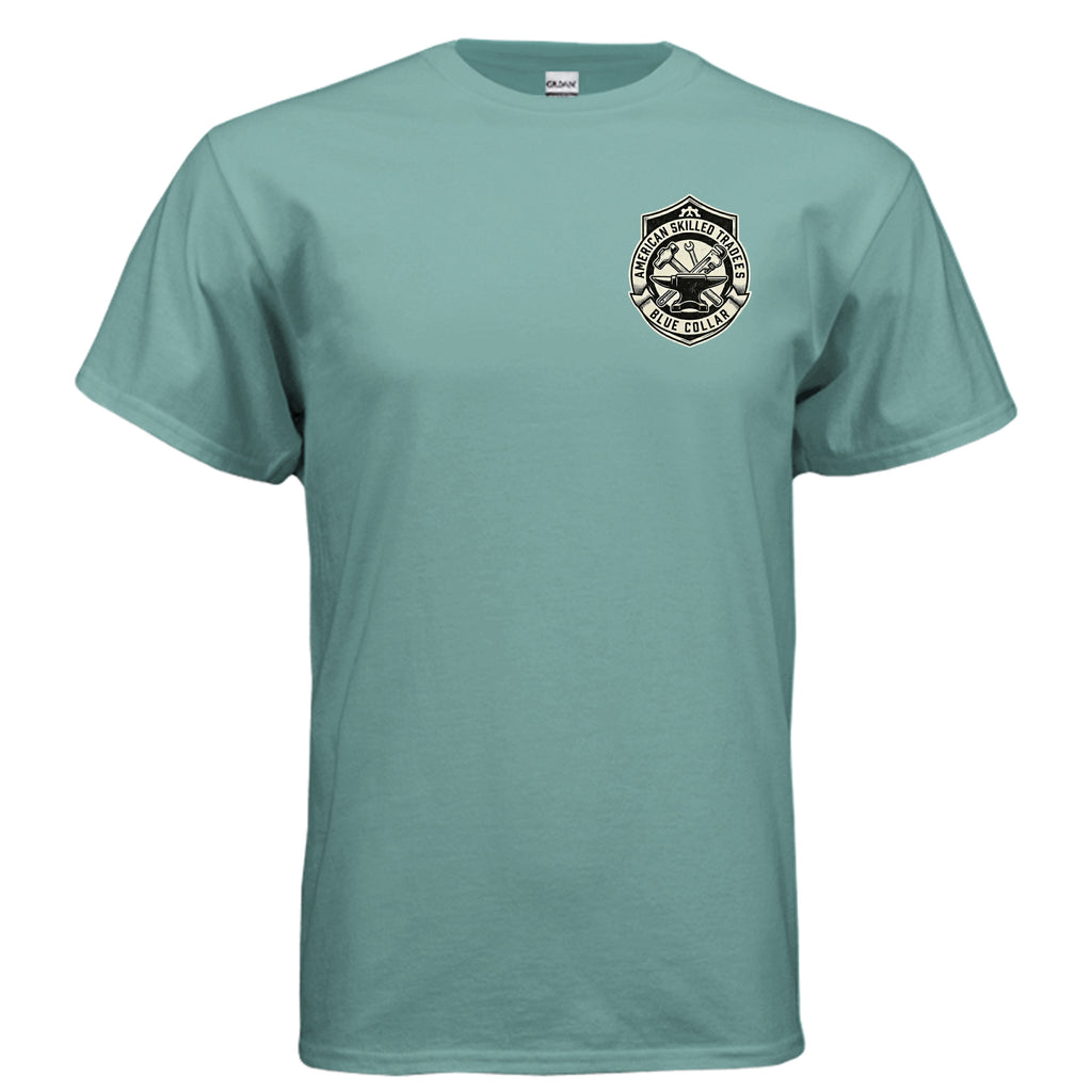 Welded in America Blue Collar Tee – Skilled Trades Unite Workwear Shirt Anvil and Anthem }