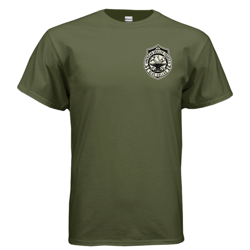 Welded in America Blue Collar Tee – Skilled Trades Unite Workwear Shirt Anvil and Anthem }