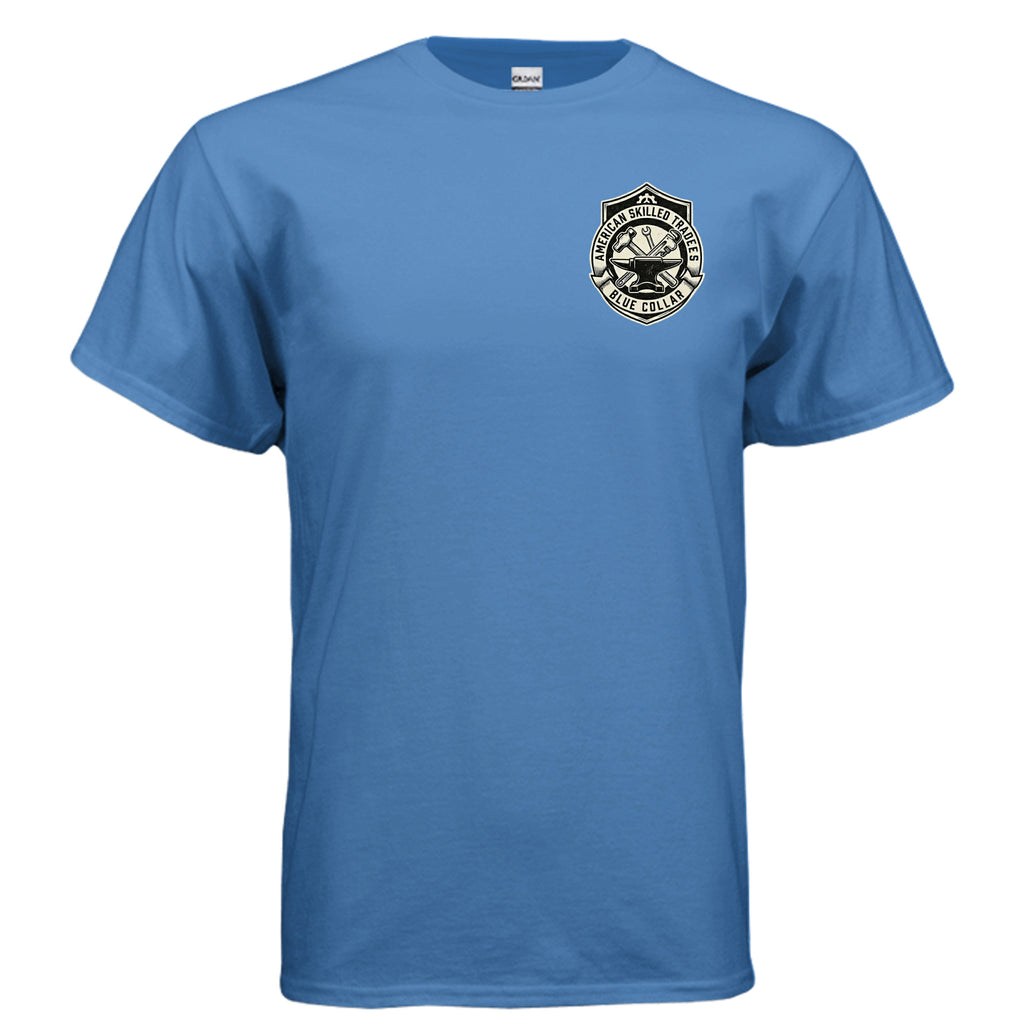 Welded in America Blue Collar Tee – Skilled Trades Unite Workwear Shirt Anvil and Anthem }