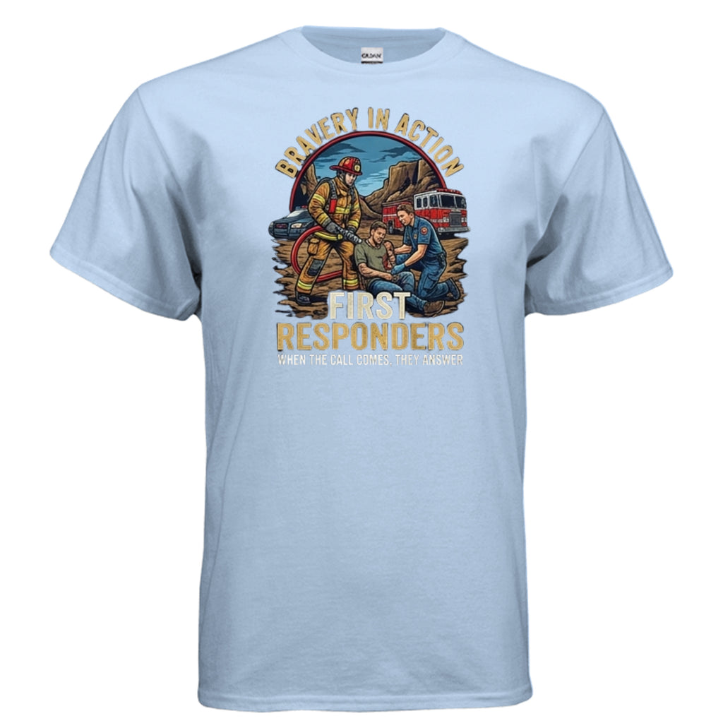 “Bravery in Action” First Responders Tee – When Seconds Count, Legends Show Up Anvil and Anthem }