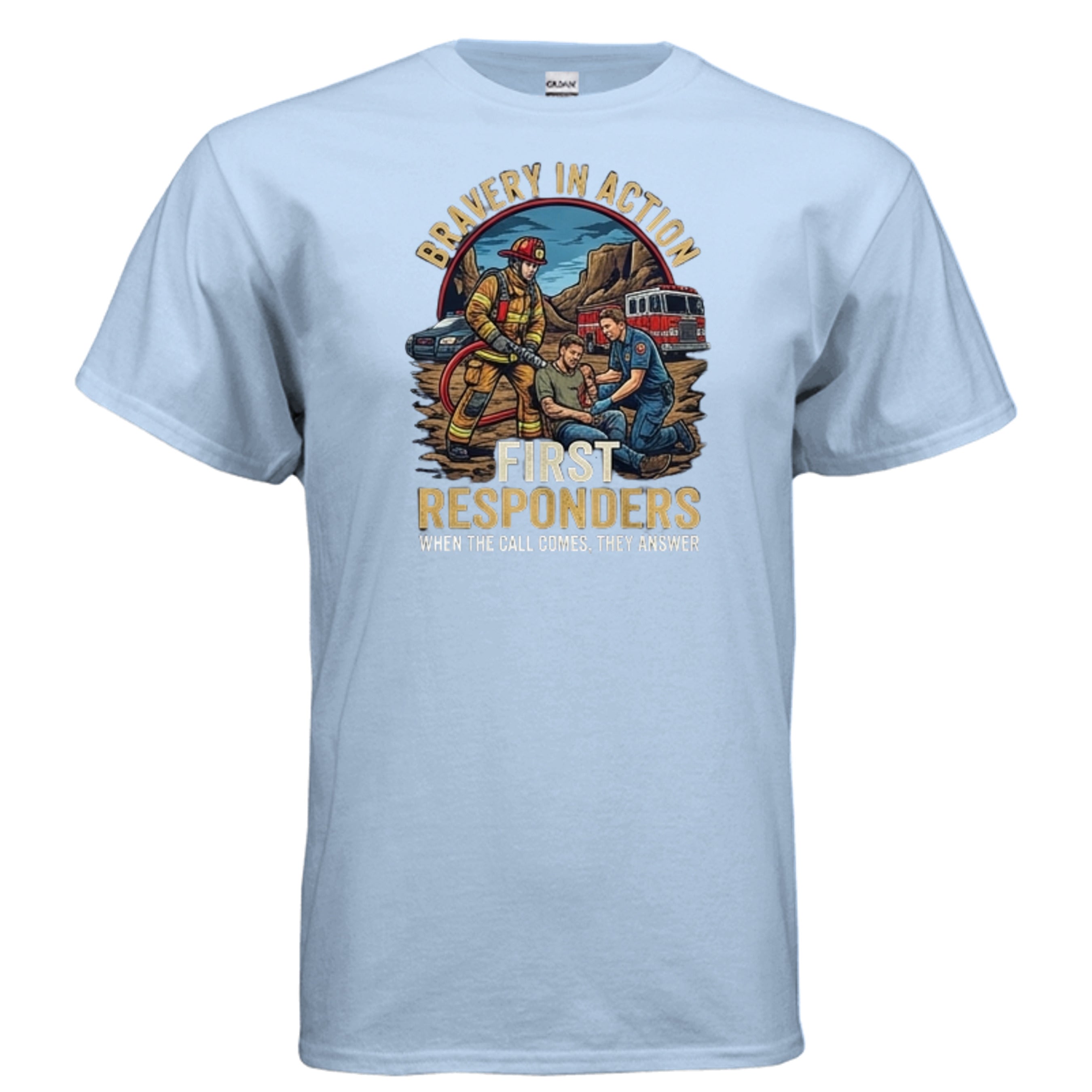 “Bravery in Action” First Responders Tee – When Seconds Count, Legends Show Up Anvil and Anthem }