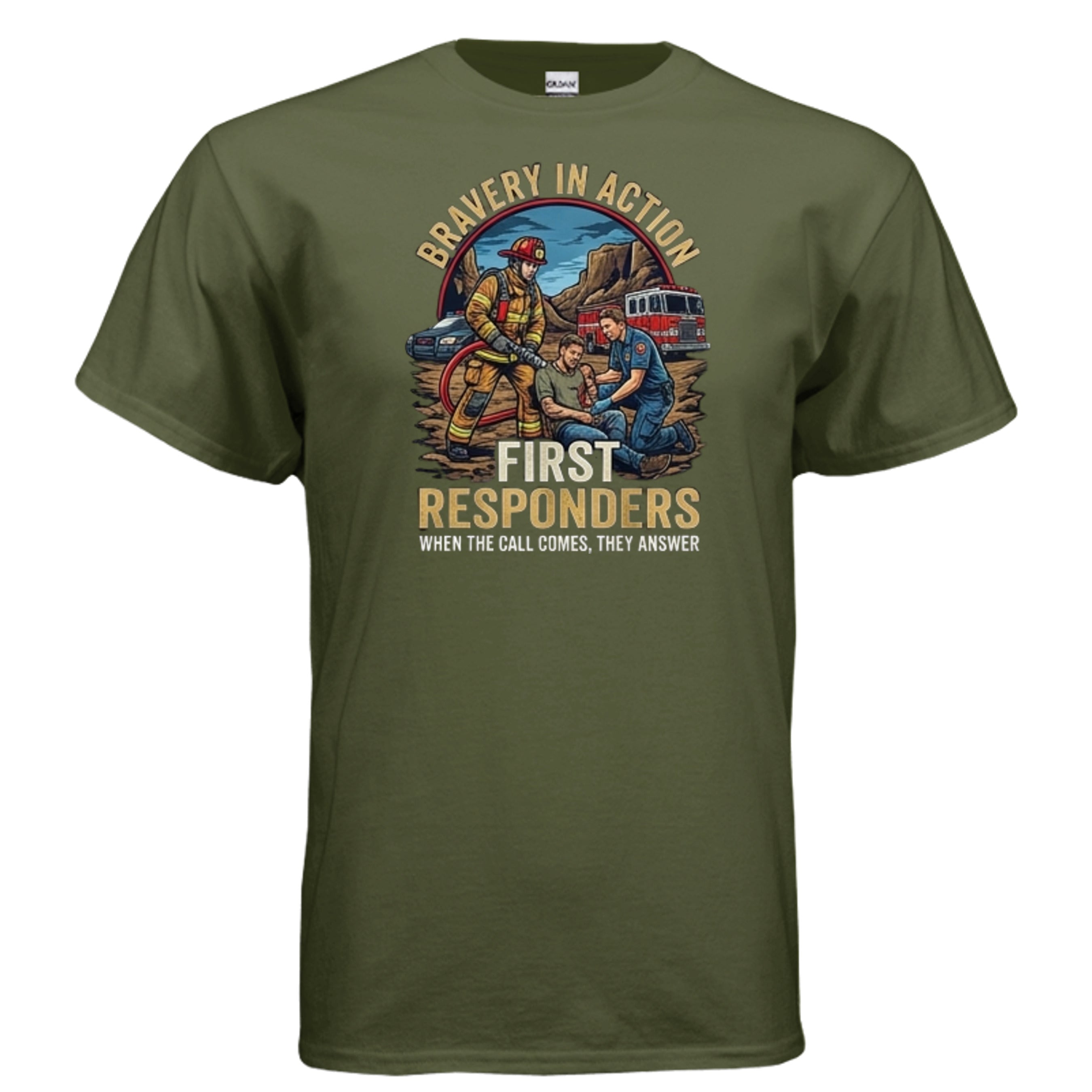 “Bravery in Action” First Responders Tee – When Seconds Count, Legends Show Up Anvil and Anthem }