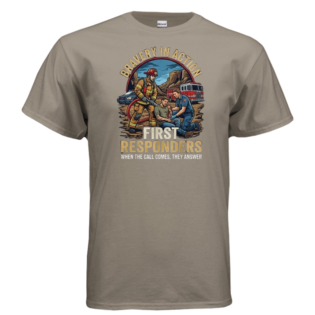 “Bravery in Action” First Responders Tee – When Seconds Count, Legends Show Up Anvil and Anthem }