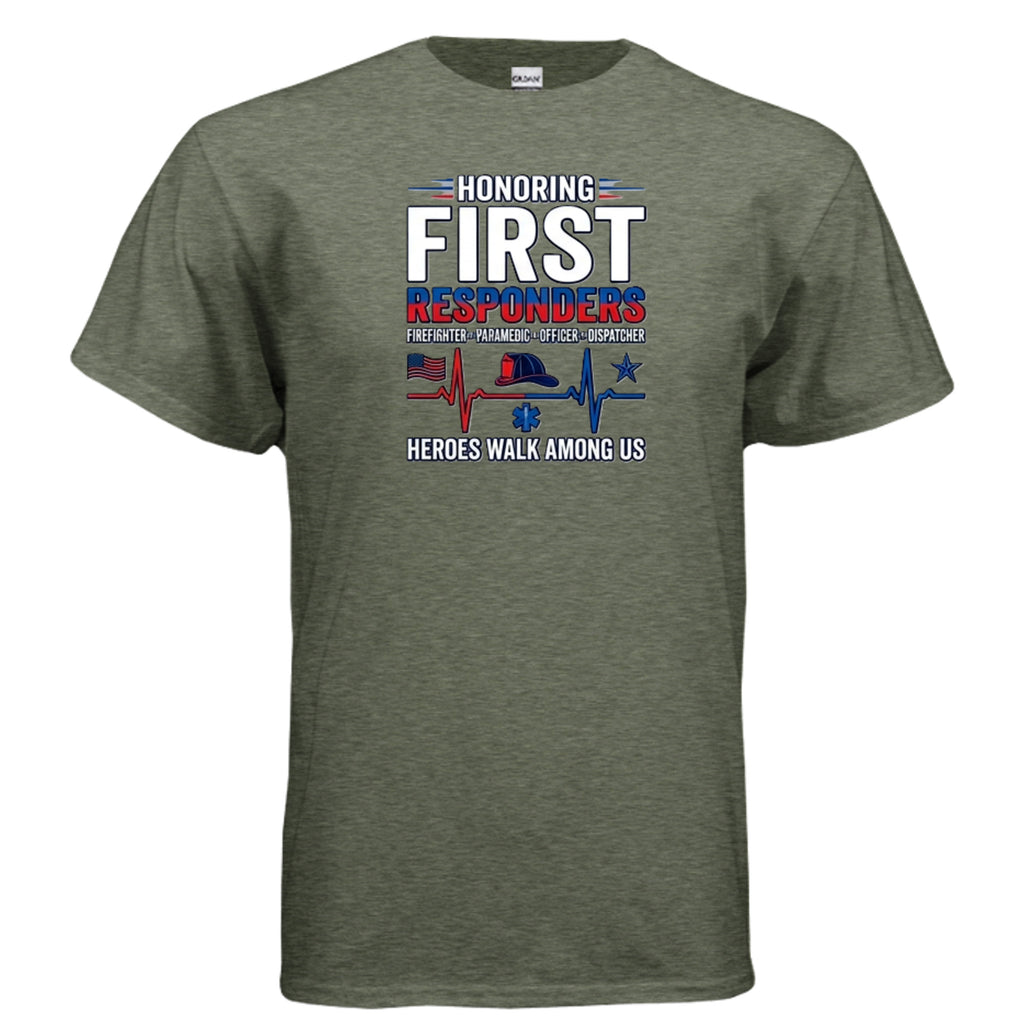 “Heroes Walk Among Us” First Responders Tee – Heartbeat of Courage Edition Anvil and Anthem }