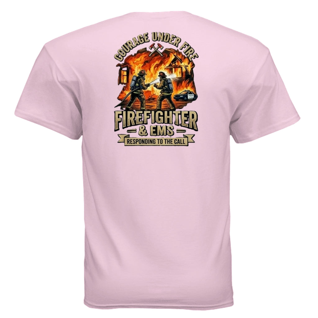 “Courage Under Fire” Firefighter Tee – Thin Red Line Front & Back Graphic Shirt Anvil and Anthem }