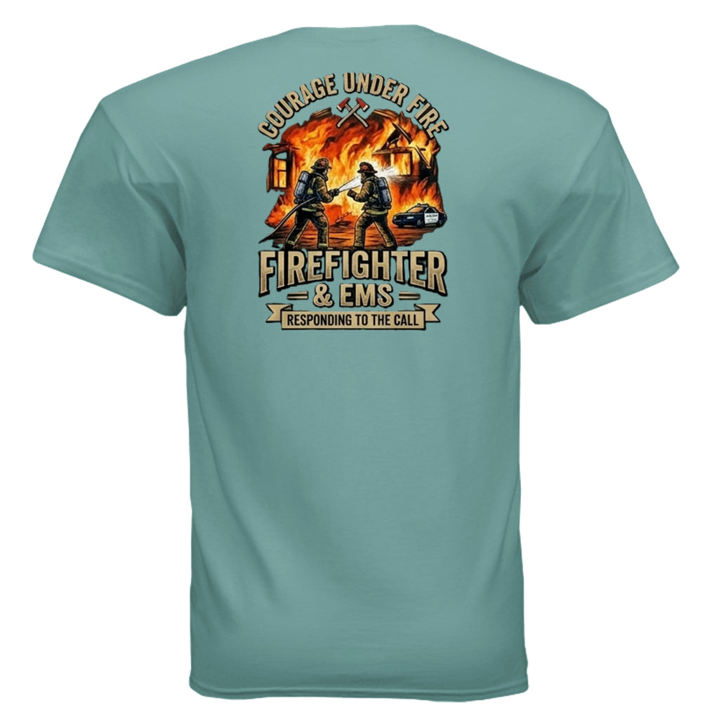 “Courage Under Fire” Firefighter Tee – Thin Red Line Front & Back Graphic Shirt Anvil and Anthem }