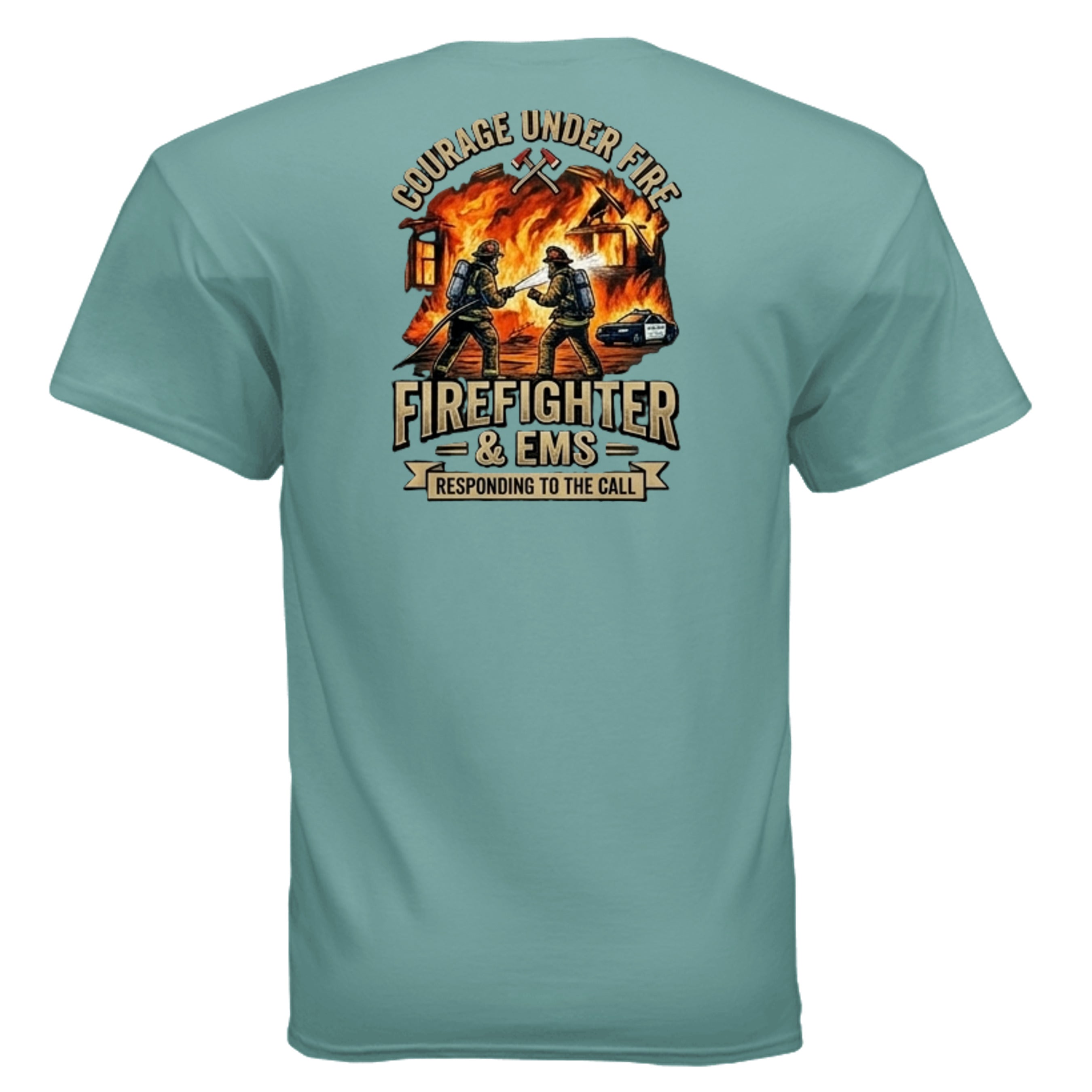 “Courage Under Fire” Firefighter Tee – Thin Red Line Front & Back Graphic Shirt Anvil and Anthem }