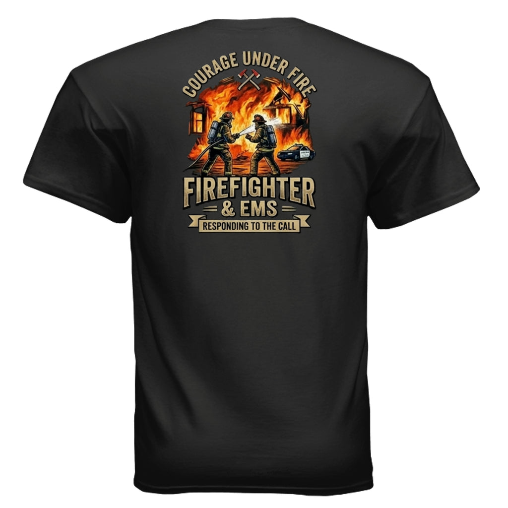 “Courage Under Fire” Firefighter Tee – Thin Red Line Front & Back Graphic Shirt Anvil and Anthem }