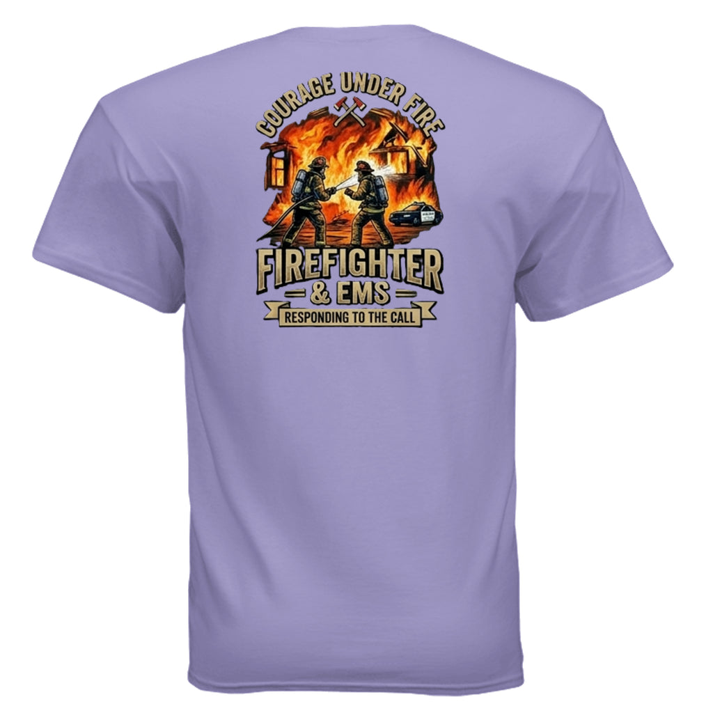 “Courage Under Fire” Firefighter Tee – Thin Red Line Front & Back Graphic Shirt Anvil and Anthem }