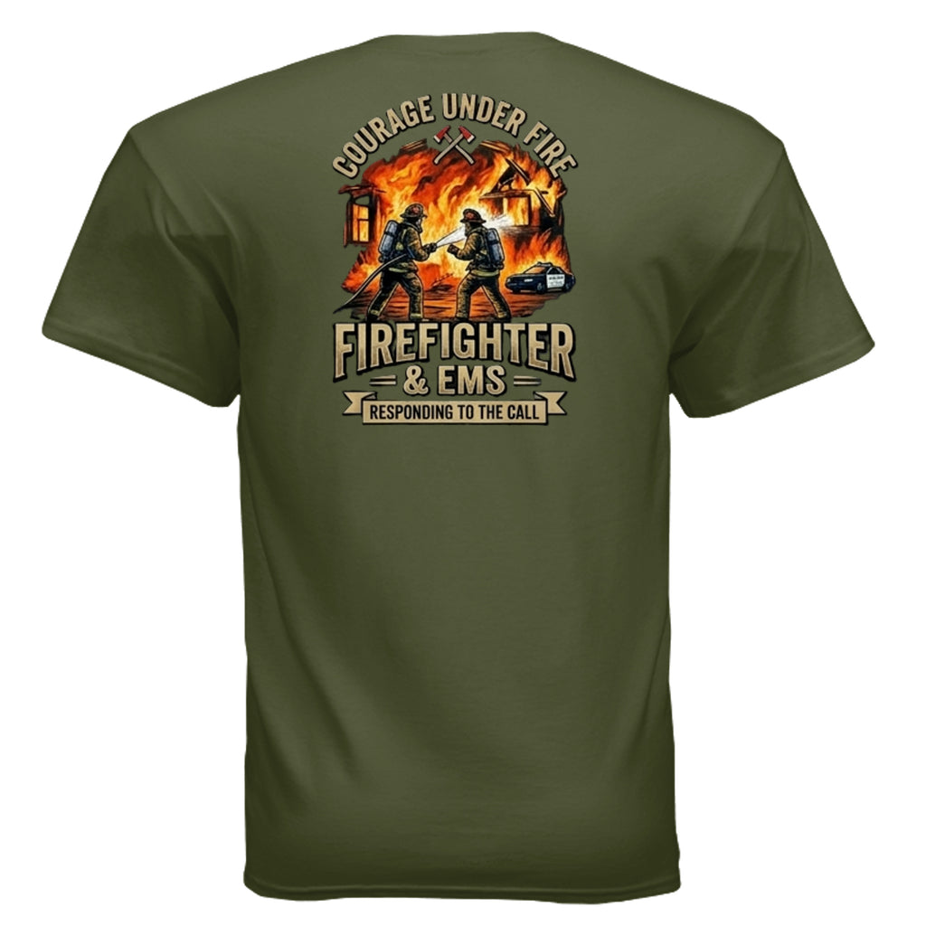 “Courage Under Fire” Firefighter Tee – Thin Red Line Front & Back Graphic Shirt Anvil and Anthem }