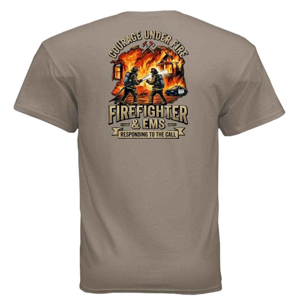 “Courage Under Fire” Firefighter Tee – Thin Red Line Front & Back Graphic Shirt Anvil and Anthem }