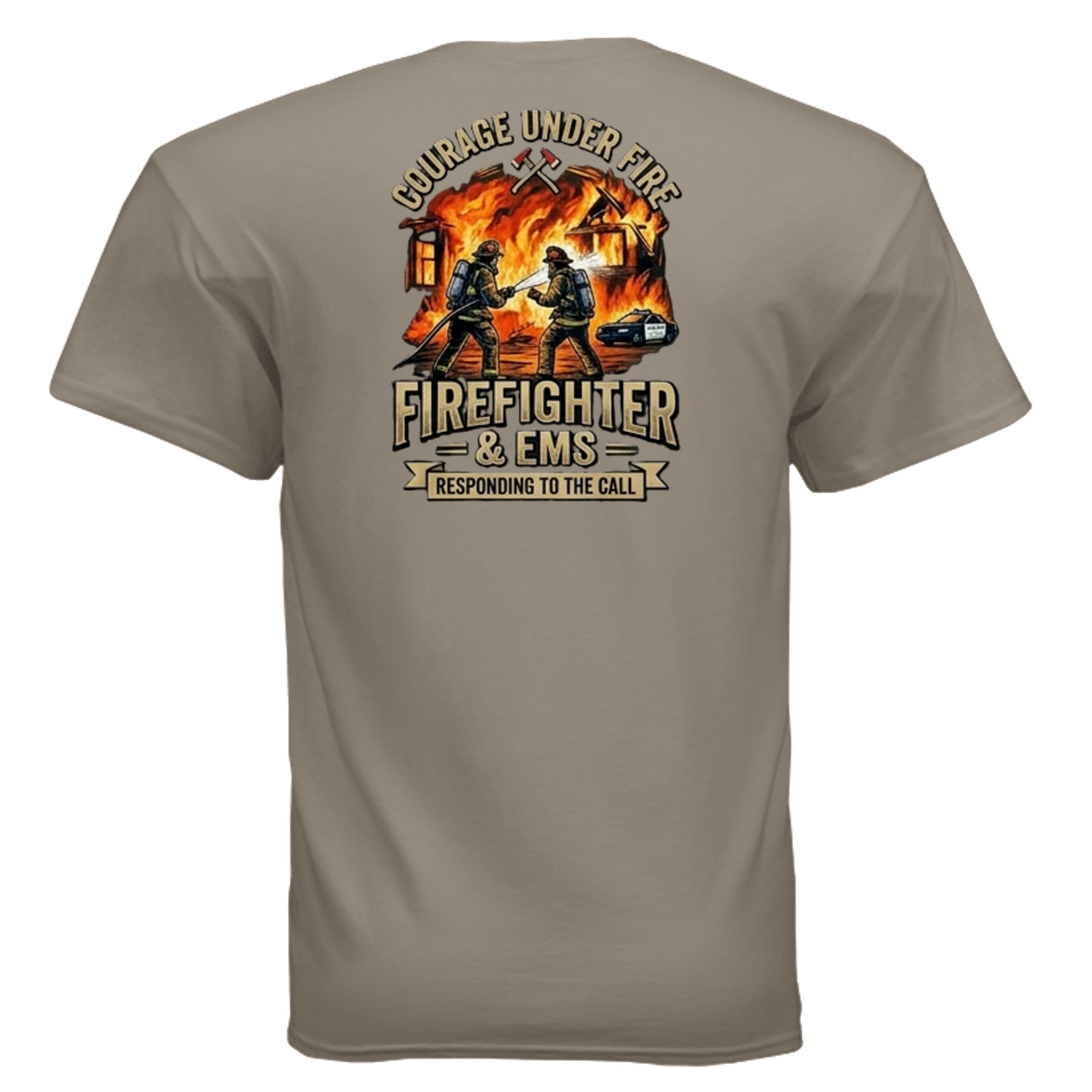 “Courage Under Fire” Firefighter Tee – Thin Red Line Front & Back Graphic Shirt Anvil and Anthem }