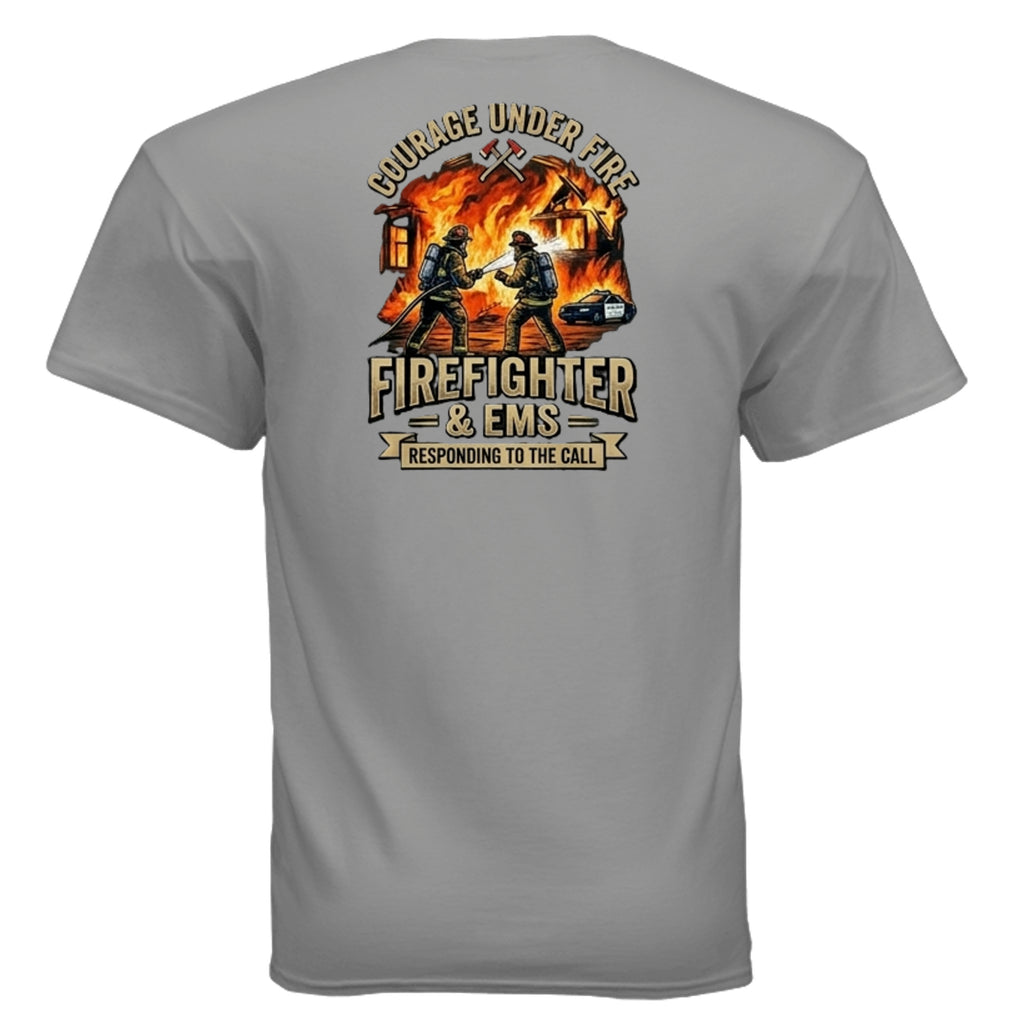 “Courage Under Fire” Firefighter Tee – Thin Red Line Front & Back Graphic Shirt Anvil and Anthem }