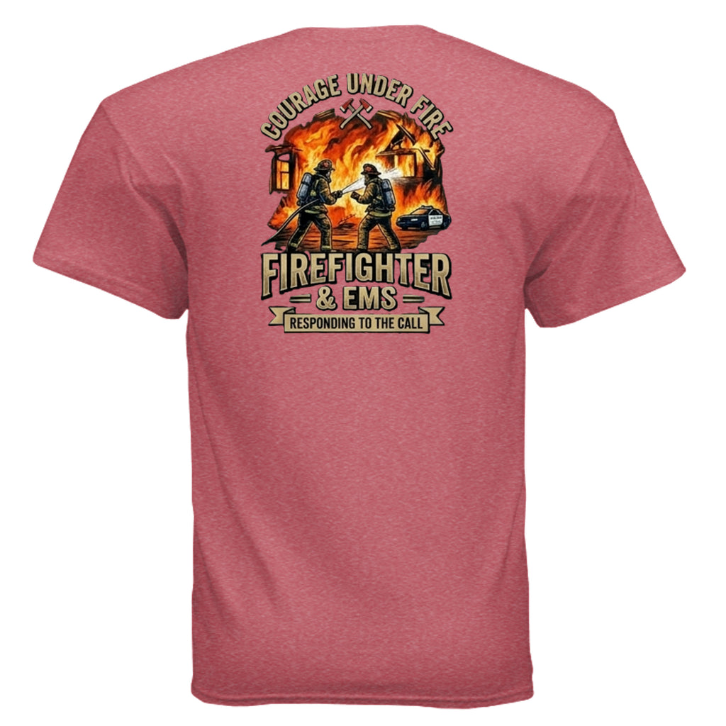 “Courage Under Fire” Firefighter Tee – Thin Red Line Front & Back Graphic Shirt Anvil and Anthem }