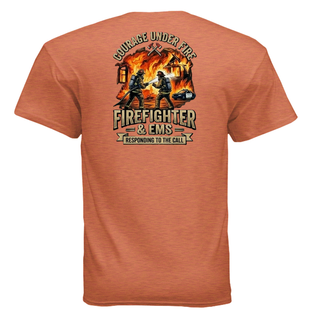 “Courage Under Fire” Firefighter Tee – Thin Red Line Front & Back Graphic Shirt Anvil and Anthem }