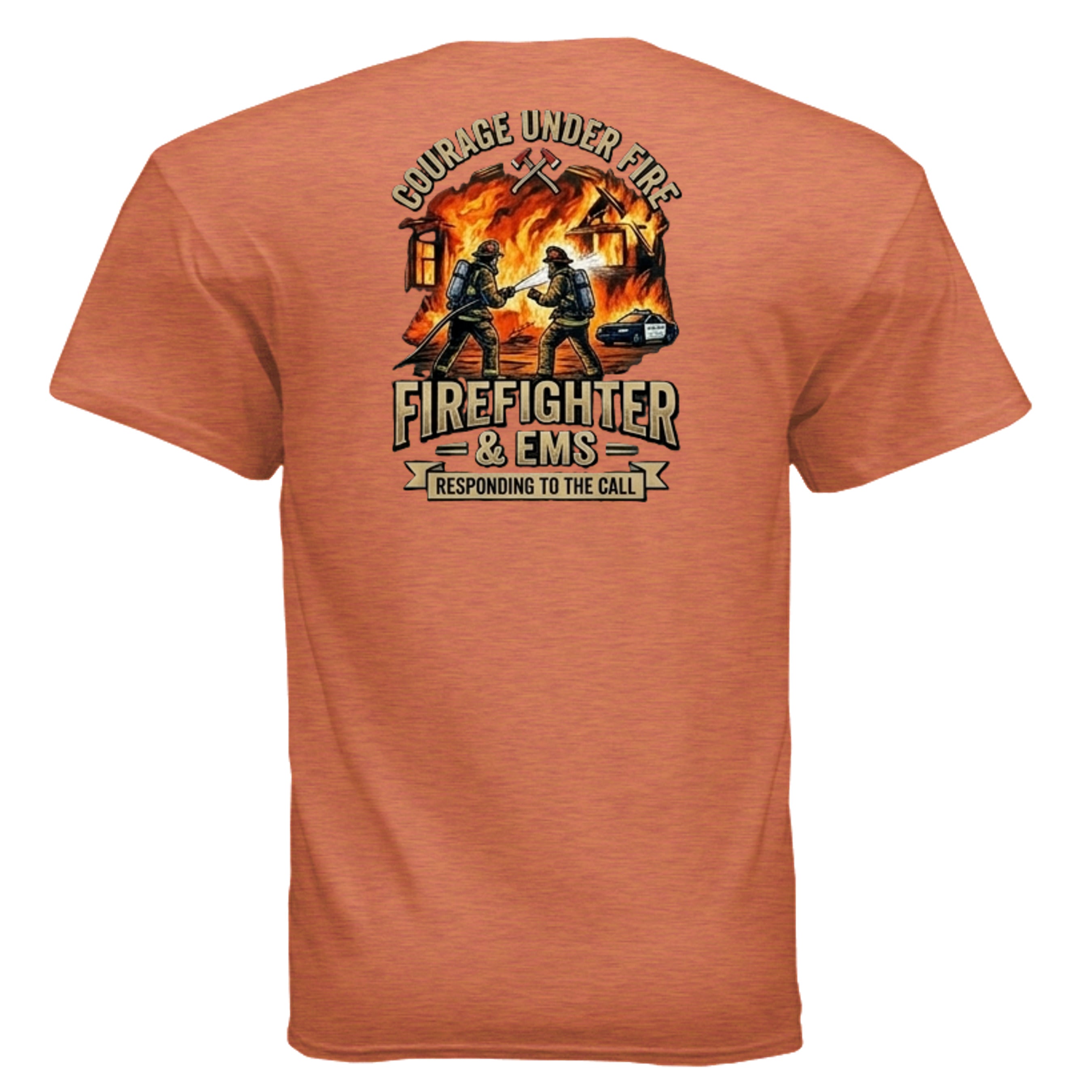 “Courage Under Fire” Firefighter Tee – Thin Red Line Front & Back Graphic Shirt Anvil and Anthem }