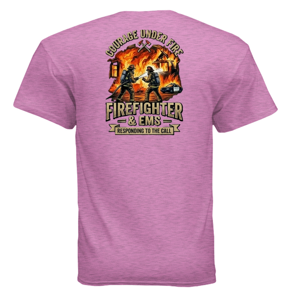“Courage Under Fire” Firefighter Tee – Thin Red Line Front & Back Graphic Shirt Anvil and Anthem }