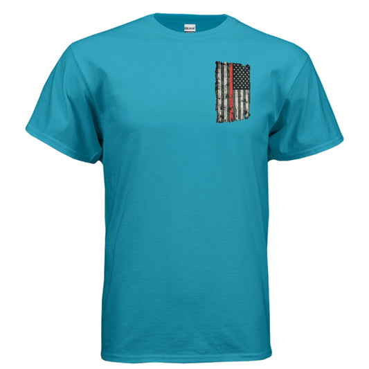 “Courage Under Fire” Firefighter Tee – Thin Red Line Front & Back Graphic Shirt TROPICAL BLUE {{ product_type }Anvil and Anthem }