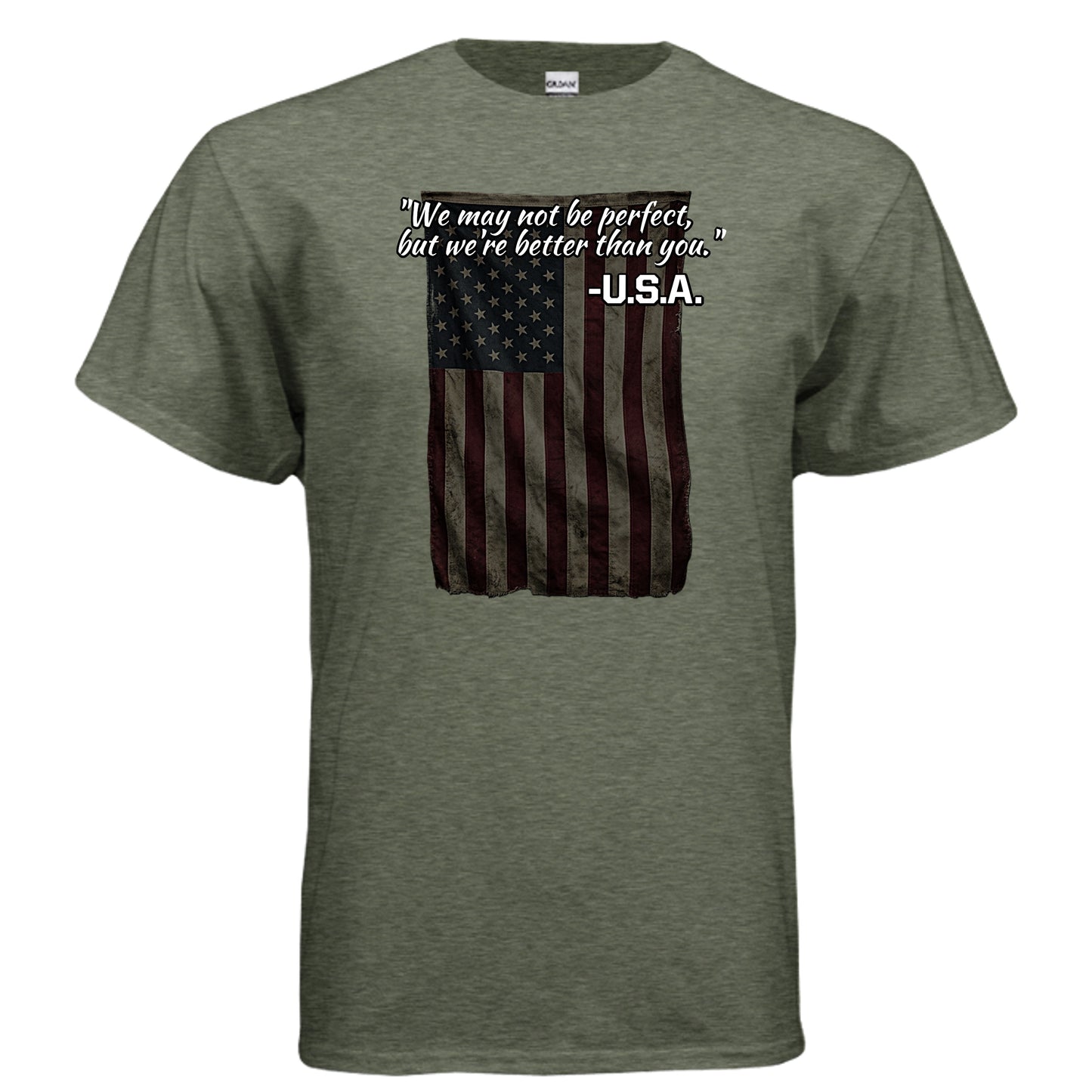 “Not Perfect, Still Winning” USA Tee – American Swagger Edition HEATHER MILITARY GREEN {{ product_type }Anvil and Anthem }