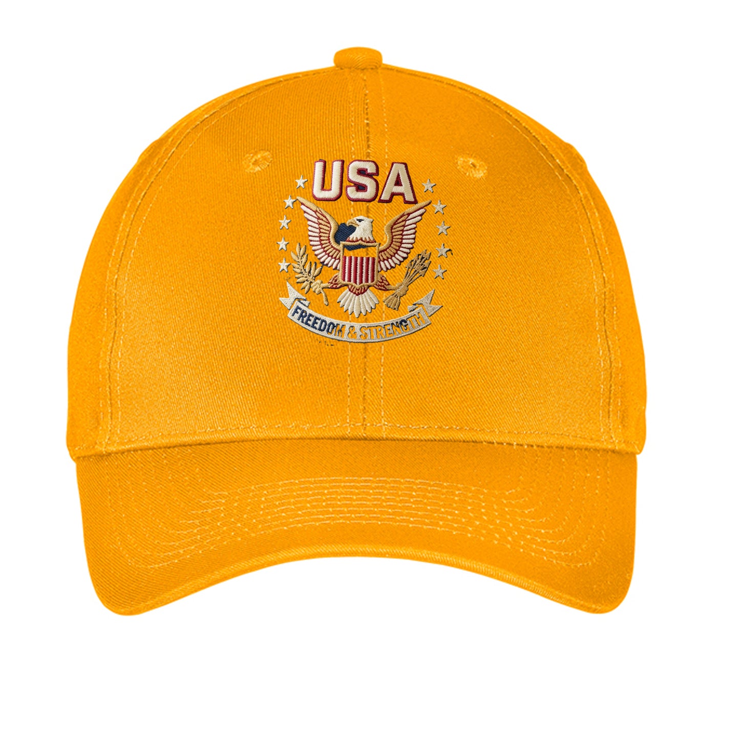 “Freedom & Strength” USA Eagle Dad Hat – American Patriot Edition Athletic Gold ONE SIZE {{ product_type }Anvil and Anthem }