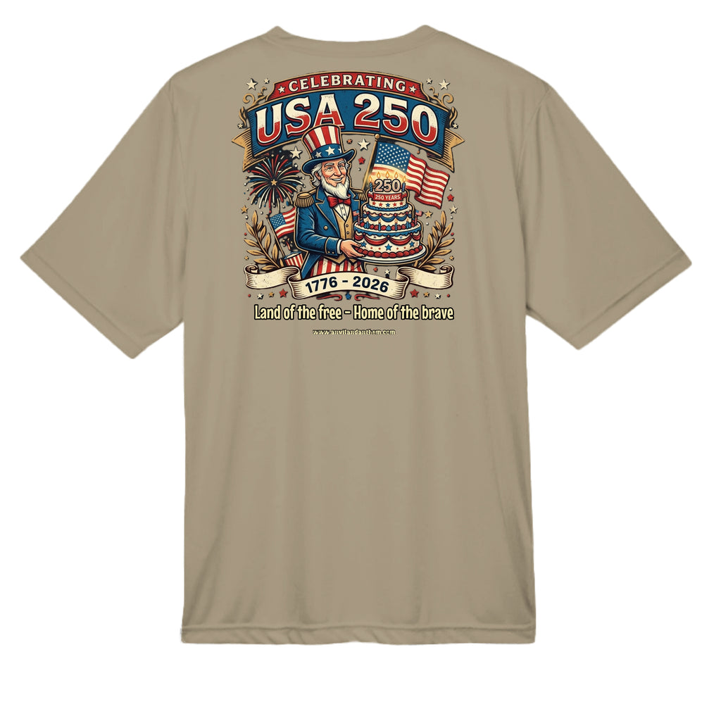 Free & Brave “America 250” Performance Wicking Tee | USA Patriotic Eagle & Uncle Sam Athletic Shirt Anvil and Anthem }