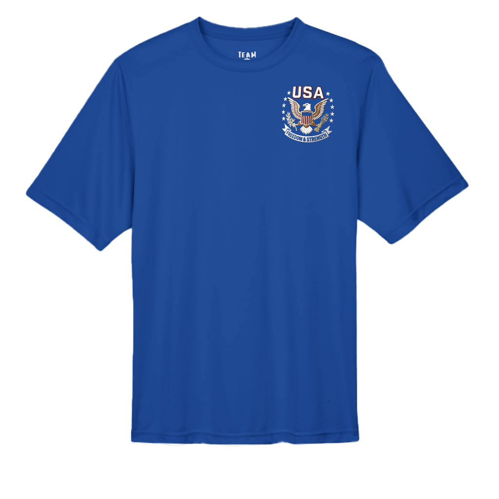Free & Brave “America 250” Performance Wicking Tee | USA Patriotic Eagle & Uncle Sam Athletic Shirt Anvil and Anthem }