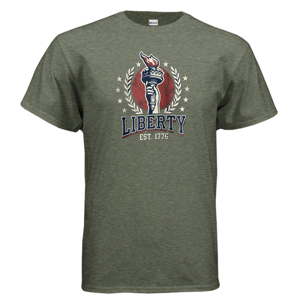 Liberty 1776 American Heritage Tee | Statue of Liberty Torch Patriotic USA Shirt Anvil and Anthem }